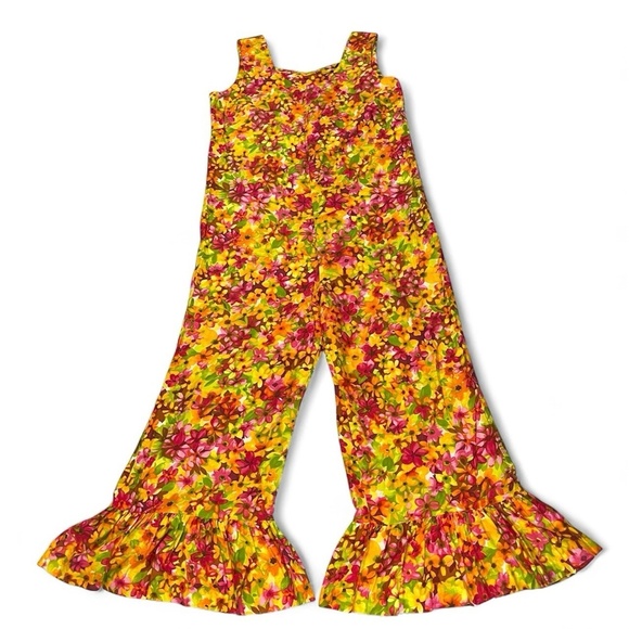 Vintage 60s 70s Psychedelic Mod Bell Bottom Jumpsuit Floral Pink Red Yellow - Picture 2 of 15